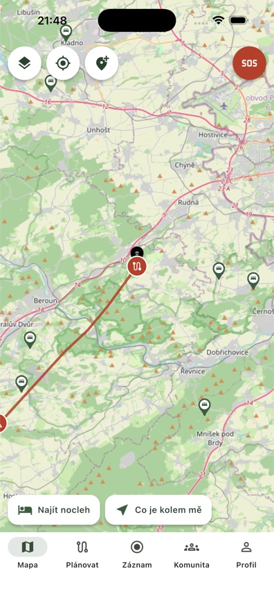 Mapa stájí a tras v aplikaci HorseTrail