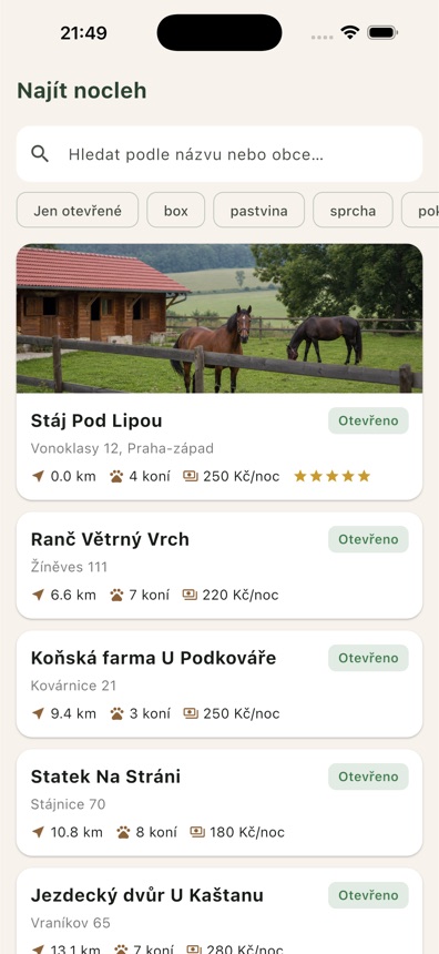 Vyhledávání noclehu se stájí v aplikaci HorseTrail